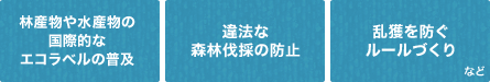 林産物や水産物の国際的なエコラベルの普及 違法な森林伐採の防止 乱獲を防ぐルールづくりなど