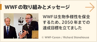 WWFの取り組みとメッセージ WWFは生物多様性を保全するため、2050年までの達成目標を立てました