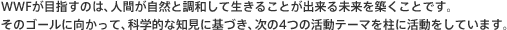 WWFが目指すのは、人間が自然と調和して生きることが出来る未来を築くことです。そのゴールに向かって、科学的な知見に基づき、次の4つの活動テーマを柱に活動をしています。