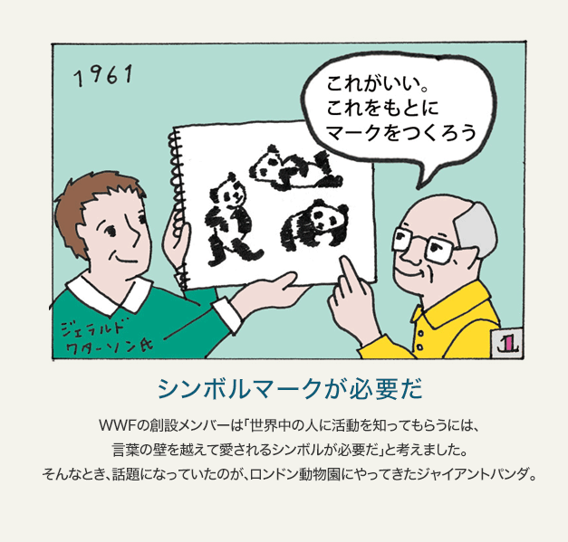 1 WWFの創設メンバーは「世界中の人に活動を知ってもらうには、言葉の壁を越えて愛されるシンボルが必要だ」と考えました。そんなとき、話題になっていたのが、ロンドン動物園にやってきたジャイアントパンダ。