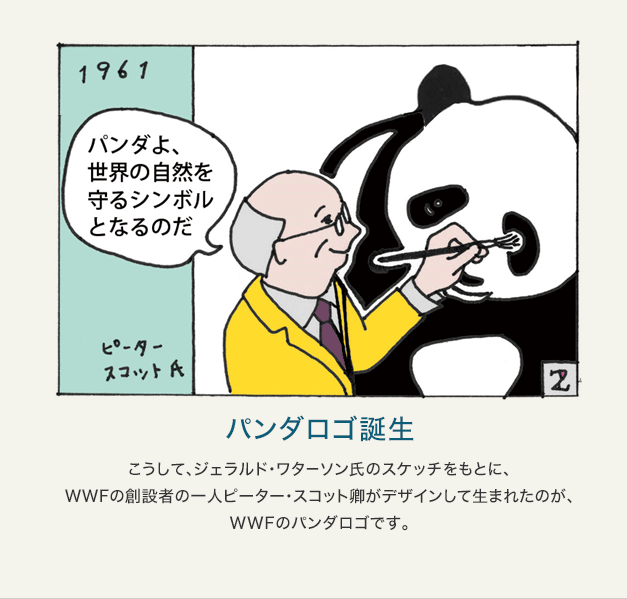 2 パンダロゴ誕生 こうして、ジェラルド・ワターソン氏のスケッチをもとに、WWFの創設者の一人ピーター・スコット卿がデザインして生まれたのが、WWFのパンダロゴです。