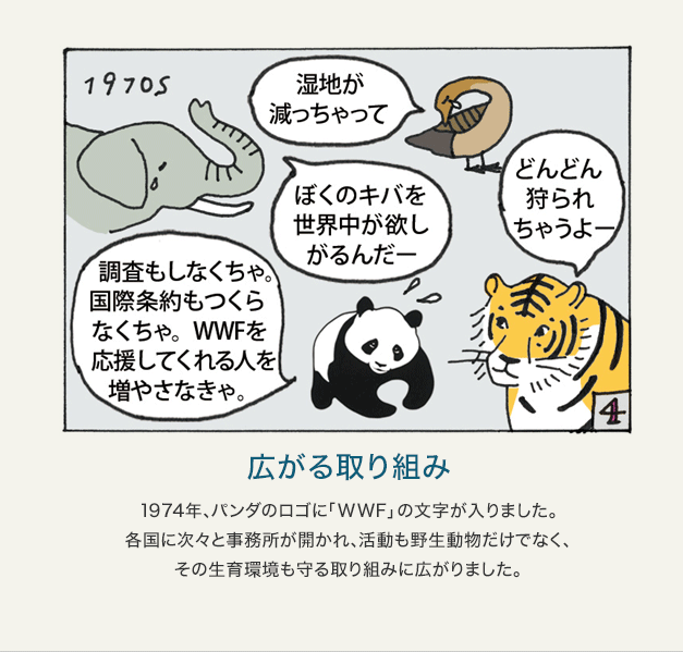 4 広がる取り組み 1974年、パンダのロゴに「WWF」の文字が入りました。各国に次々と事務所が開かれ、活動も野生動物だけでなく、その生育環境も守る取り組みに広がりました。