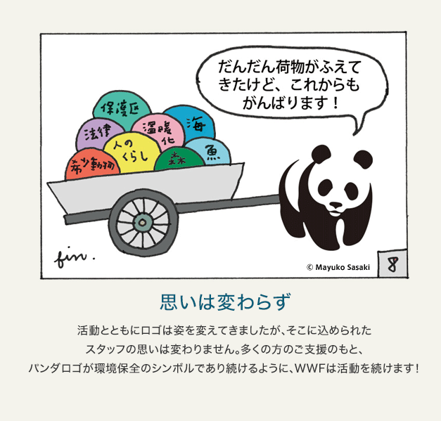 8 活動とともにロゴは姿を変えてきましたが、そこに込められたスタッフの思いは変わりません。多くの方のご支援のもと、パンダロゴが環境保全のシンボルであり続けるように、WWFは活動を続けます！