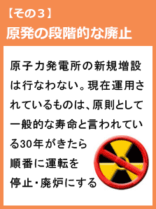 原子力発電所の新規増設は行なわない。現在運用されているものは、原則として、一般的な寿命と言われている30年がきたら順番に運転を停止・廃炉にする