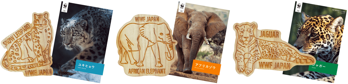 ご支援いただく動物の木製ピンバッジとウェルカムブックの画像
