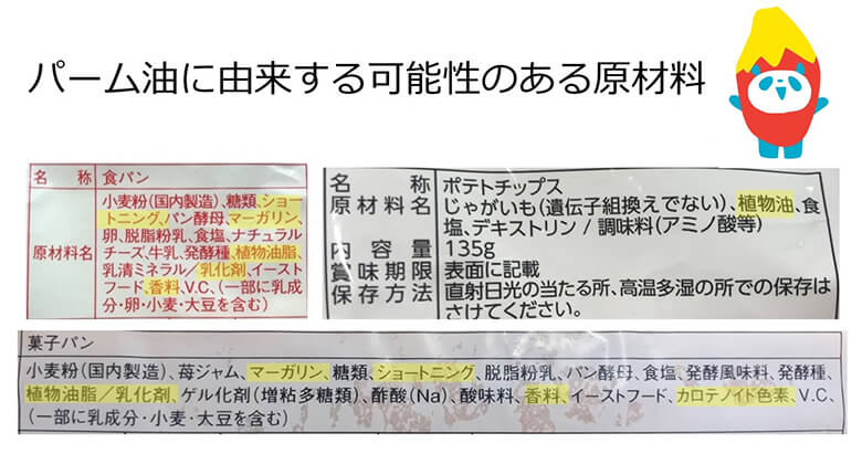 黄色く表示された原材料には、パーム油が含まれていると考えられる。原材料は、使用した量の多い順番に表示されるが、加工段階で揚げ油などとして使用されたパーム油は、多量であっても商品自体に含まれないため、順番が後の方になることが多い。