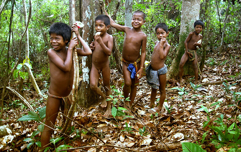 森の中で暮らす先住民族、オランリンバの子どもたち。オランリンバも熱帯林の伐採で、生活が脅かされてきた。