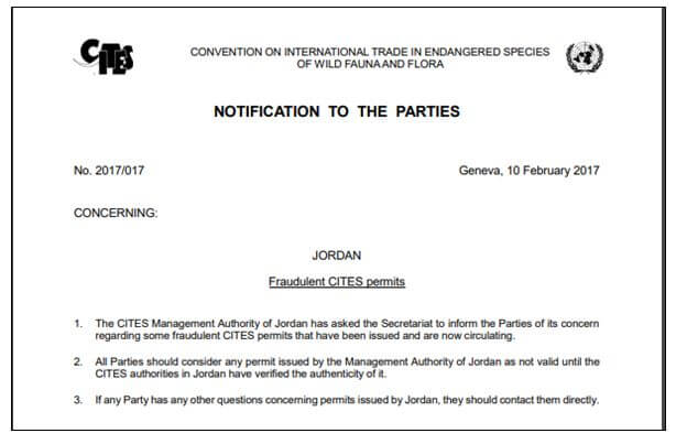 輸出許可書偽造に関するCITESからの通知