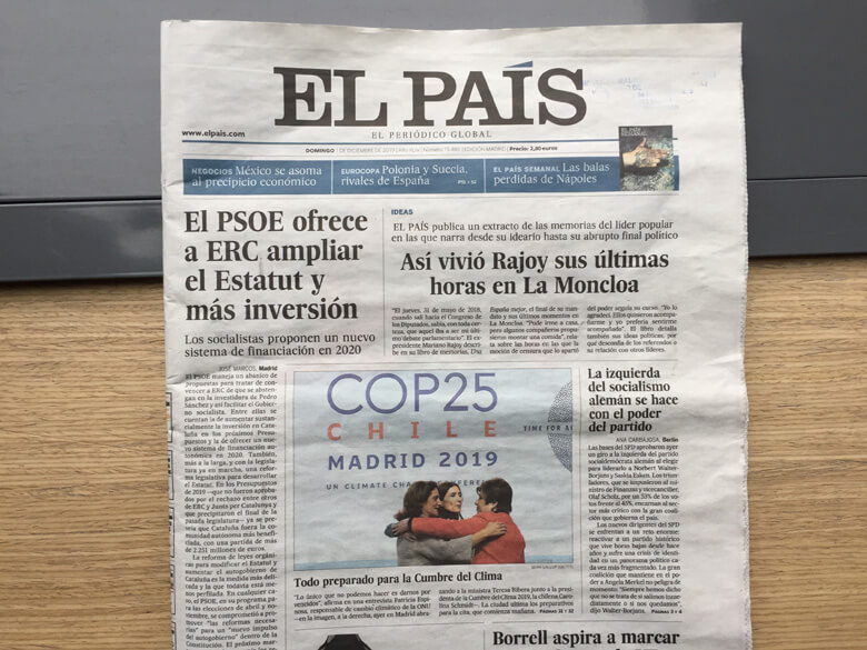 スペインの地元紙のほとんどが、COP25の開幕を一面で報じています