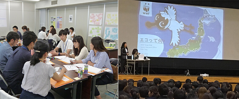 左:教員向けESD講座の様子 右:高校での講演会の様子