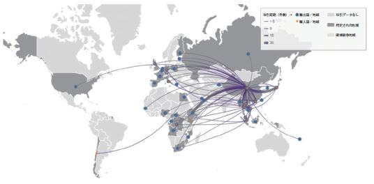 中国（香港を含む）、カンボジア、ベトナム、ラオス、タイが関わる象牙製品の押収データより特定された取引ルート（2019年）<br>※線の太さは押収件数に比例。ルートが示されていない濃い灰色の国／地域は、押収記録があるものの輸出元や輸出先情報がないもの。<br>