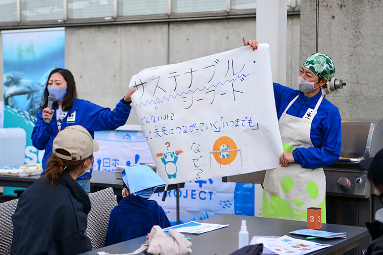 「なぜASC認証された魚をみんなに食べてもらいたい、選んでもらいたいのか」、今の海やそこで生きる生きもの現状やサステナブル・シーフードについて、参加者にお話ししました。