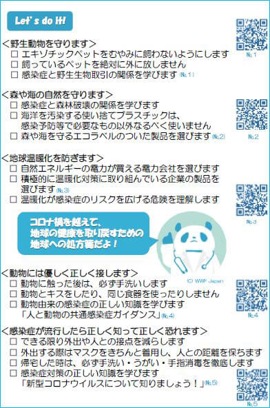 来場者に向けた配付したアクションカード<br>ひとりひとりの心がけもワンヘルス実現の大きな力になります。<br>