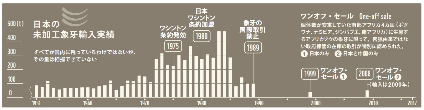 日本の未加工象牙輸入実績<br>国際取引が禁止となった後の1999年、2009年にはワシントン条約の承認を得た特別措置により、個体数の安定している南部アフリカ諸国から合計90トンの象牙も輸入している。<br>(出典:ファクトシート:日本の国内象牙市場と違法取引)<br>