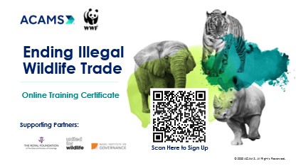ACAMS・WWFのIWTオンライントレーニングコースの紹介。IWTの概要や、IWTの資金的側面、金融機関へのリスク、ケーススタディなどを学ぶことができる。