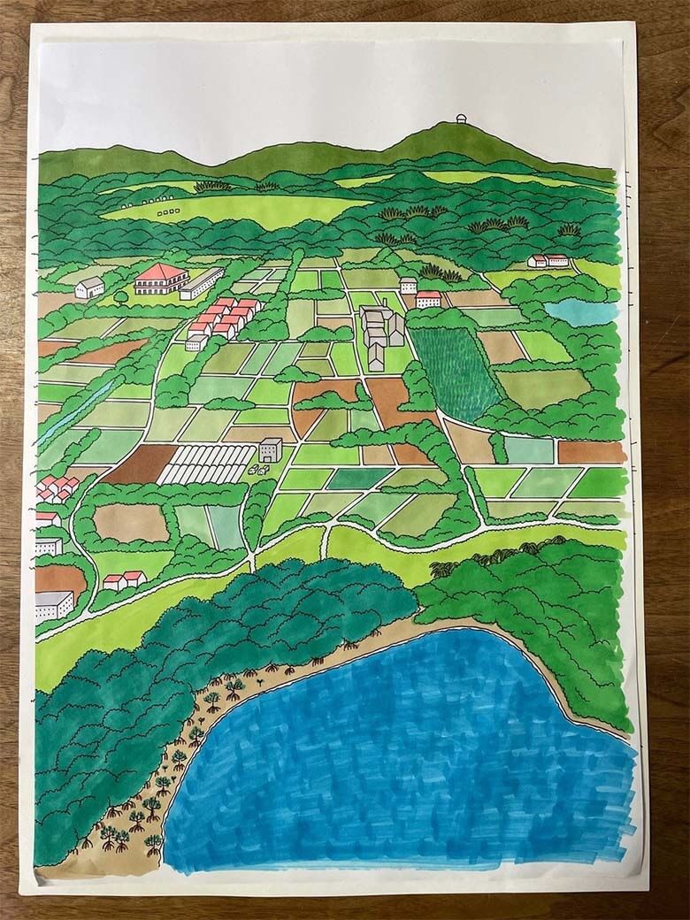 石垣訪問直後にスギヤマ カナヨさんが制作くださった、名蔵アンパルから石垣天文台のある前勢岳の風景のラフ絵。これからの展開が楽しみです。