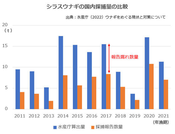 ニホンウナギ稚魚の国内採捕量の比較。輸入された数量を差し引いた国内のシラスウナギの採捕量(青棒)と特別採捕の報告量(オレンジ棒)との間には毎年大きな差異がある。日本国内で行われているニホンウナギの養殖であっても、全国平均でみると、供給されるシラスウナギの4割から6割は、無報告も含め、違法性が疑われる漁獲によるものが混ざり込んでいるものと推定される。