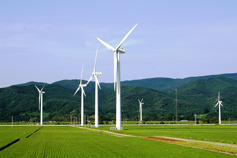 第１回目の紹介事例となった山形県庄内町の水田地帯に建つ風車群