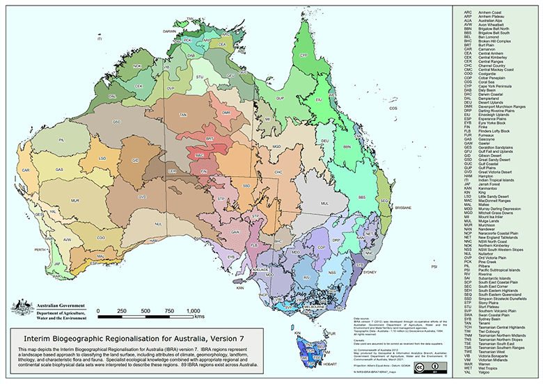 1. Bioregionはナショナル・リザーブ・システム(National Reserve System)と呼ばれる政策で、各地の自然環境の状況と保全レベルを計測するために設定され、更に細かな419の生物亜区(subregion)に分けられています。