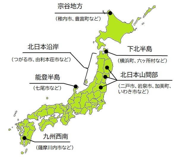 風況の良さやアクセスの良さから、開発が比較的多く集まる地域。これらの地域以外でも開発事業が隣接・重複しているところはある。特に宗谷・下北などでの開発案件数は他に比べて特に多い。計画が集中しているかだけでなく、その地域に国立公園など重要な自然環境が近接しているかで影響が変わる。