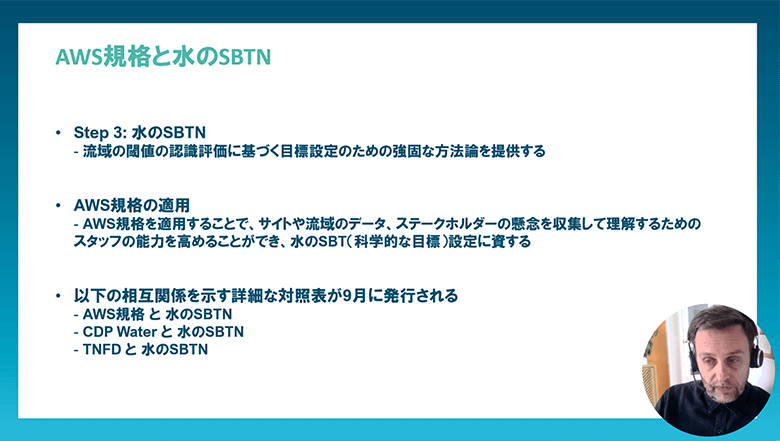 水を使用する主要な業界とバリューチェーン上で繋がりのある民間、公共、市民社会組織の戦略的なウォーター・スチュワードシップへの参画を牽引。最近ではWWFや CDPなどの水の主要な団体とともにSBTNにおけるウォーター・スチュワードシップの枠組み開発に携わる。