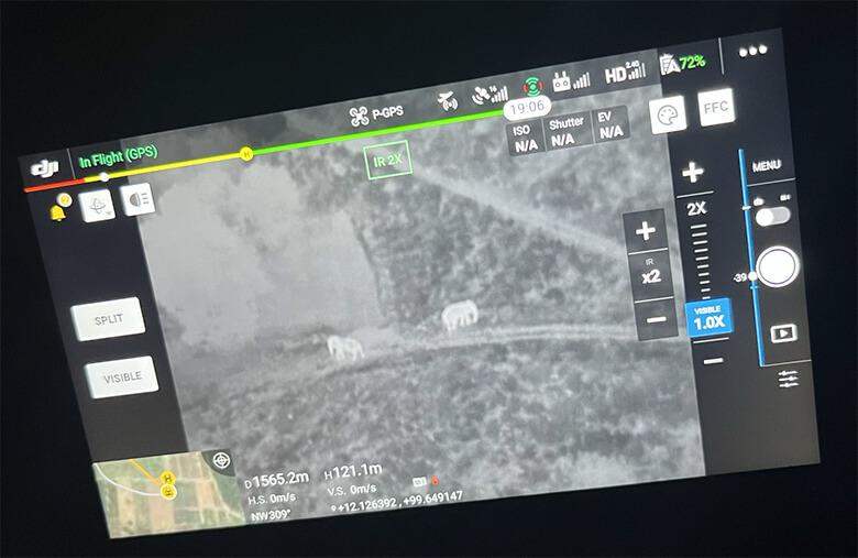 ドローンのカメラに映ったゾウ。夜はゾウの位置を確認しにくいため、ドローンも使ってゾウの位置を確認し、レンジャーに伝えている。
