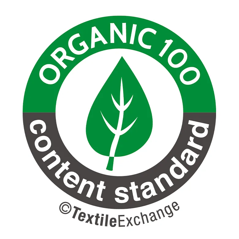 OCS100のロゴマーク。利用されている原材料の95%以上がオーガニック繊維であることを示しています。License No: KN0034 Certification body: KE'KEN