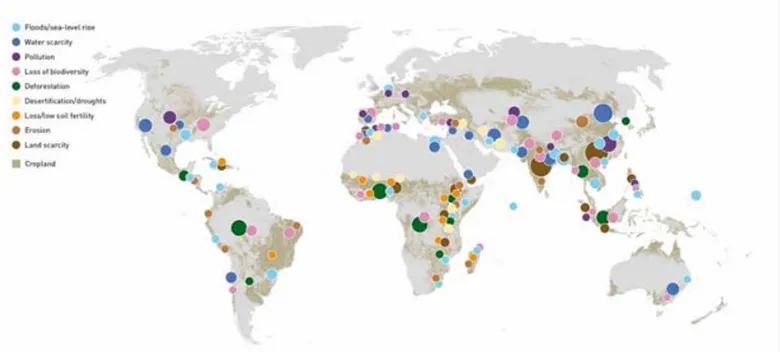 この地図は、FAOが2011年に公開したものであり、主要な農業生産システムに関連するリスクが地図化されている。各流域で渇水や汚染、生物多様性の損失などのリスクがその大きさと共に図示されている。この地図を参考に、日本の輸入が及ぼす海外流域におけるリスクを地図化する取組みを目指す。