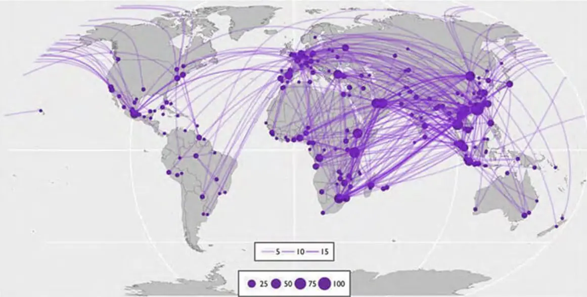 野生生物の密輸に利用された航空輸送のルート(2016年~2018年)。大きなハブ空港や生息地と消費国間の活発な取引が確認できる。(出典:Runway to Extinct)