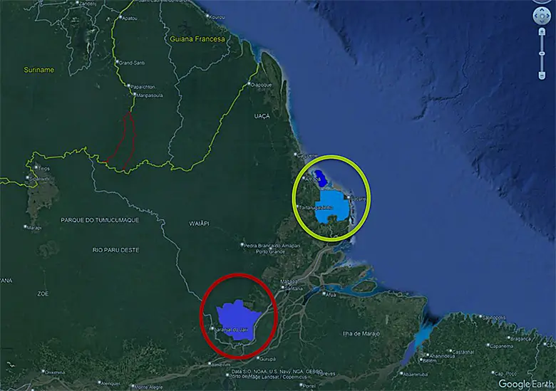 地図下部の濃い青のエリアが、アマゾン川の北岸に位置するリオ・カジャリ採集保護区。中央の水色のエリアがラゴ・ピラトゥバ生物保護区。