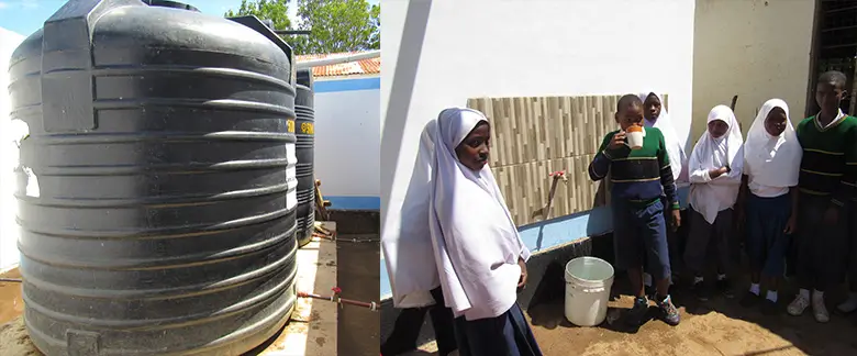 貯水タンクから水を汲む子どもたち。安全で清潔な水は人々の暮らしに不可欠であり、地域コミュニティの発展につながっている。