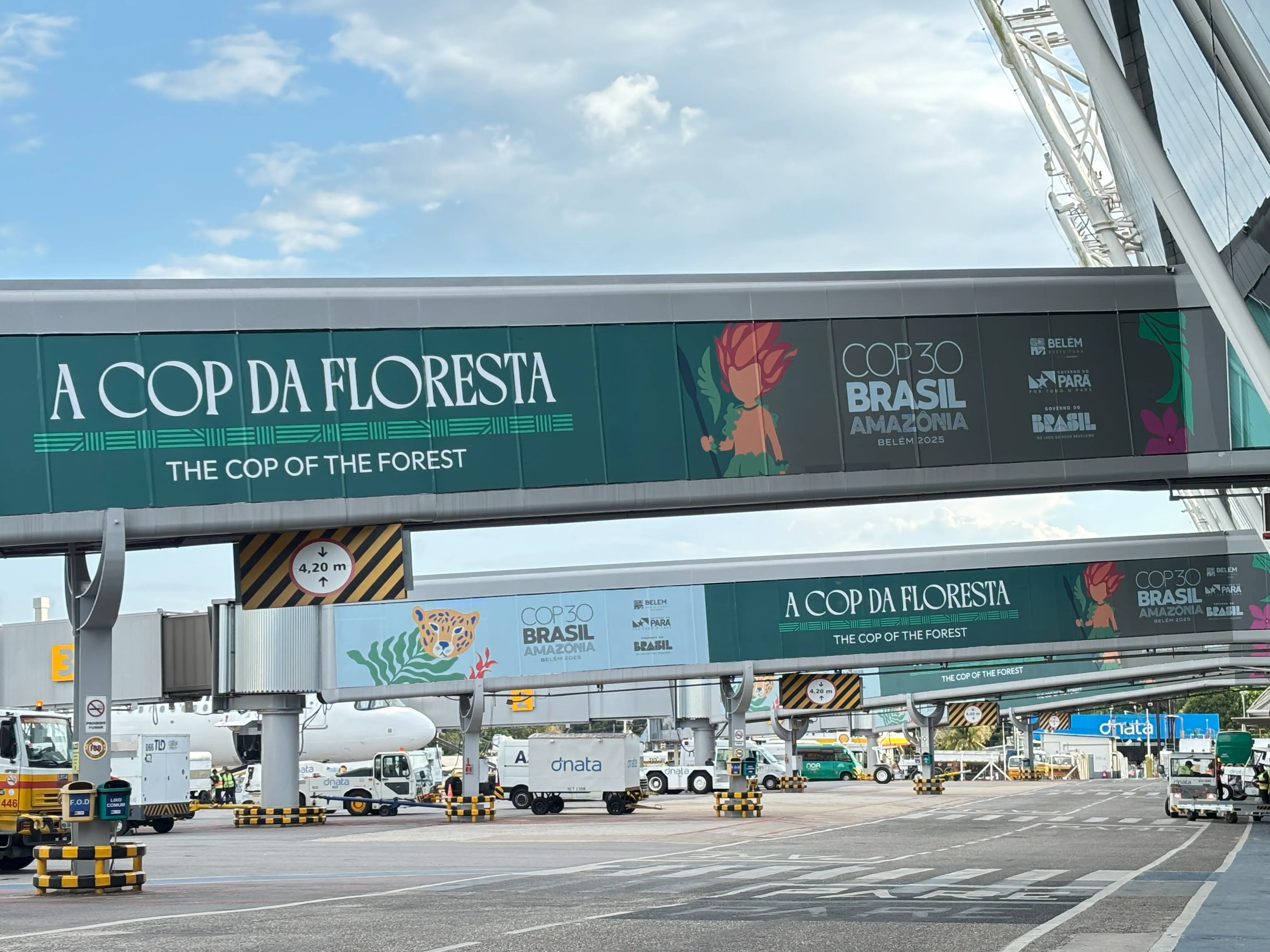 ベレン空港から伸びるボーディングブリッジの列。熱帯林の保全をめざす議長国ブラジルの意思を示すように、「森林COP」をアピールするイメージが描かれています。
