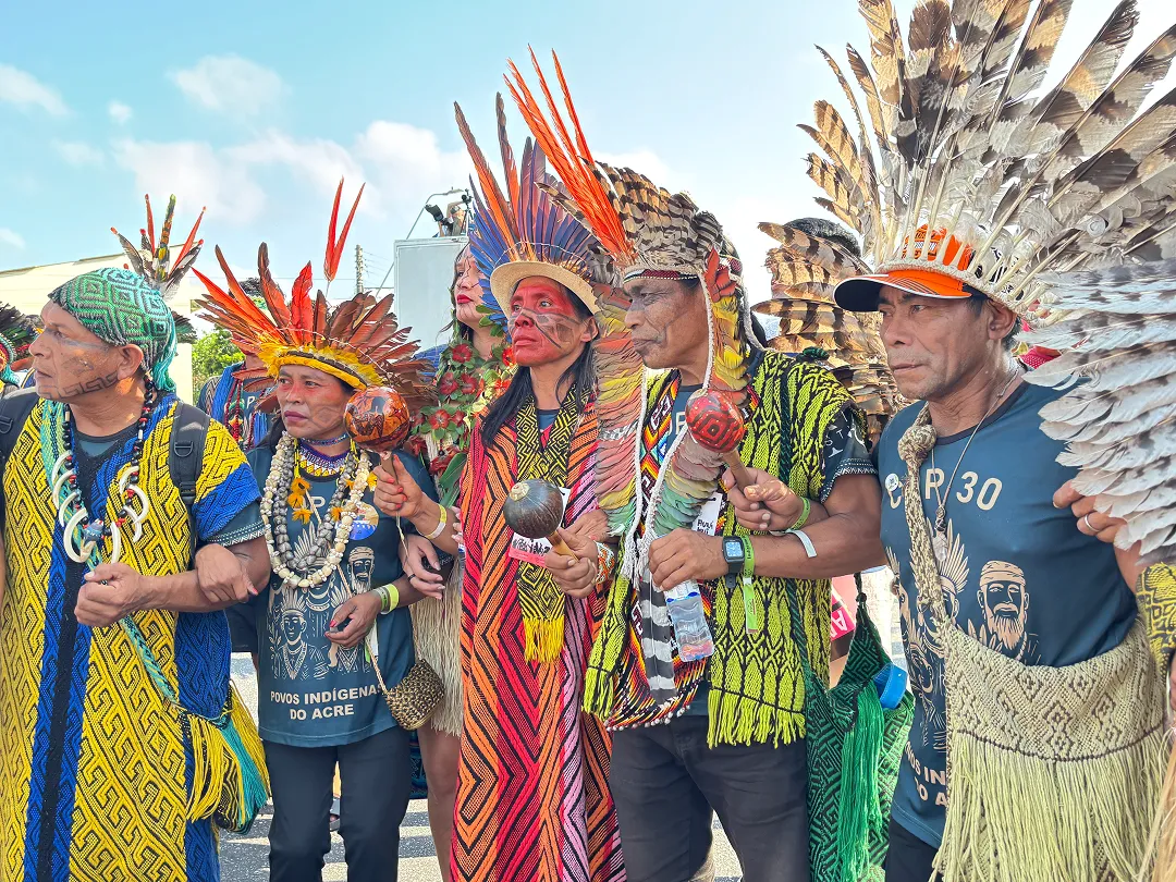 COPの期間中に行なわれた気候マーチには、アマゾン地域から多くの先住民族も、それぞれの民族衣装に身を包んで参加。歌や踊りを披露し、豊かな伝統文化を通して、生きる基盤であるアマゾンの自然を開発から守るように訴えました。先住民の土地や文化を守ることは、気候変動の緩和や適応を進めていくために必要な自然と共生する技術や英知を守ることにほかなりません。