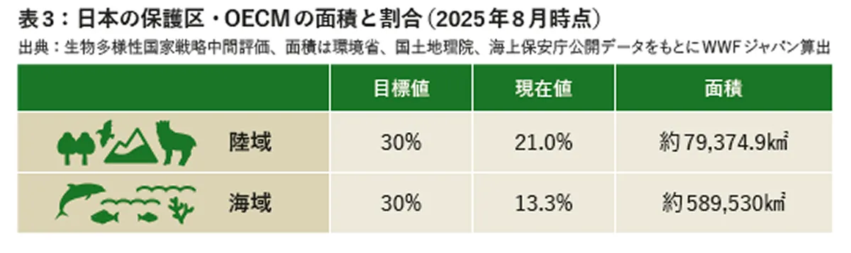 「30by30」 の達成に向けて、陸域でさらに9％、海域で16.7％の保護区・OECMの拡充が必要です。出典： WWFジャパン「政策ブリーフ」<br>