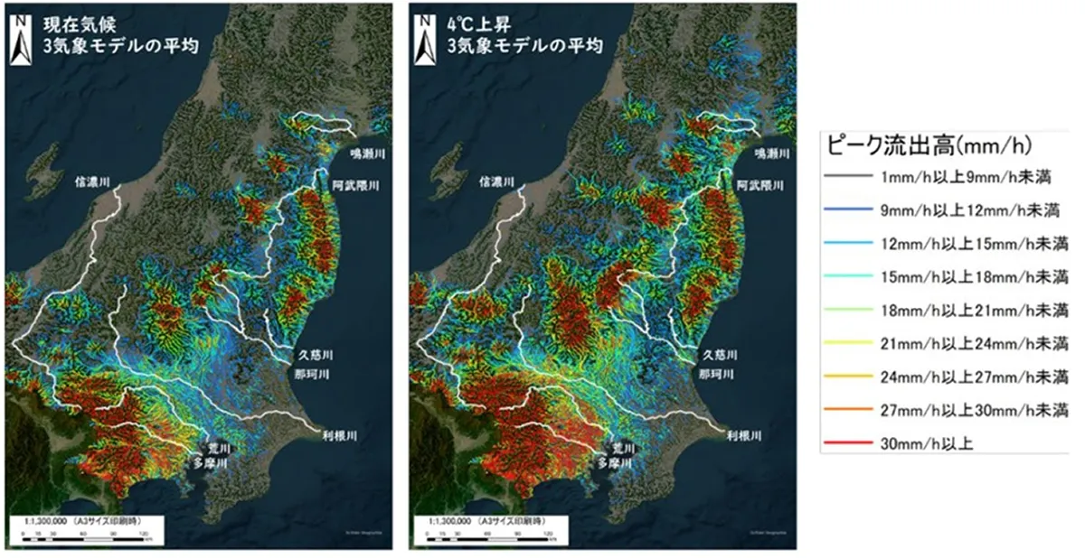 第3次気候変動影響評価報告書の図から抜粋したもの。令和元年に被害をもたらした東日本台風が、仮に工業化前の気候で到来した場合（左図）と4℃上昇した場合（右図）の違いをシミュレーションしたもの。暖色が濃いほど河川水害のリスク指標であるピーク流量（最大流量）が大きい
