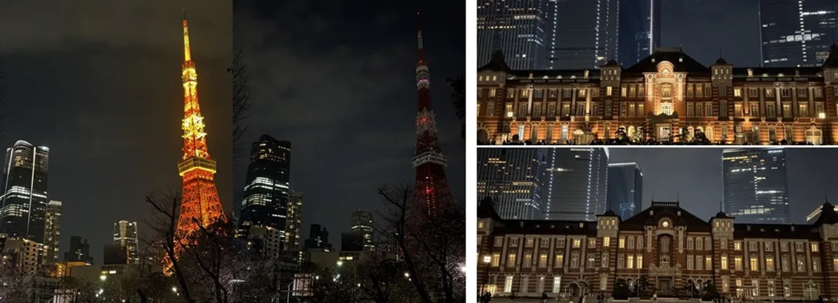 (左)東京タワーの消灯前・後 (右)東京駅の消灯前・後