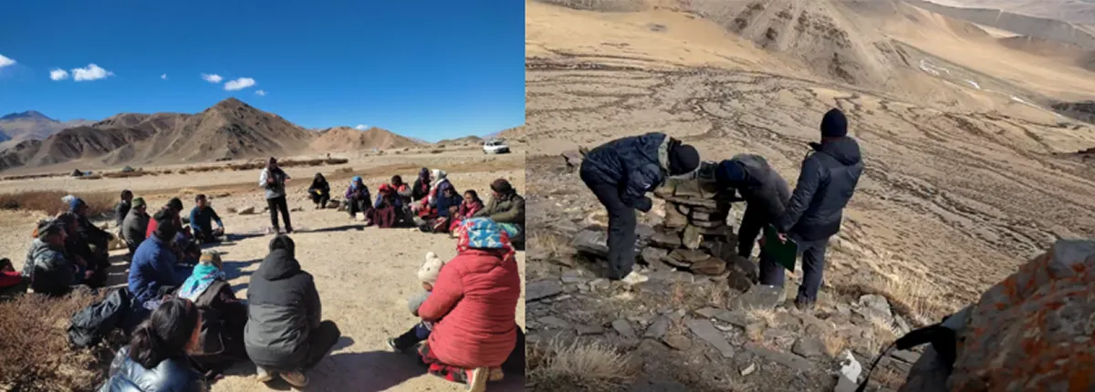 西ヒマラヤで活動するWWFインドのスタッフの様子。ユキヒョウをはじめとする野生動物の生態調査を行なうためのカメラトラップの設置や、地域コミュニティとの連携などを通じ、ユキヒョウと人が共存できる環境づくりをめざしています。