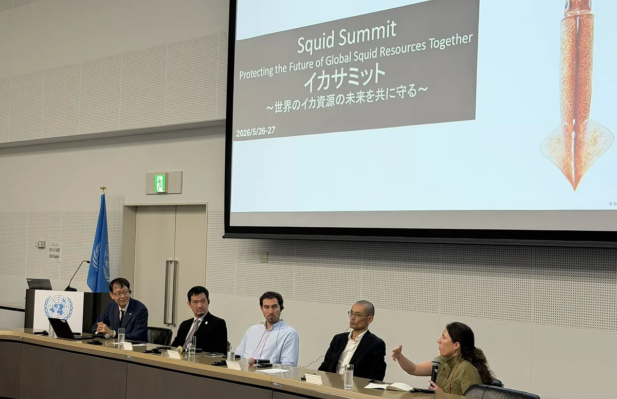 サミット二日目の「解決策への期待（国際協働・透明性・トレーサビリティ）」について講演後のパネルディスカッションの様子です。左からモデレーターの植松（WWFジャパン）、チャン・イーモ氏（WWF中国ブルーエコノミー・プライオリティ・プロジェクト・コーディネーター）、ホセ・カルロス・アルバレス氏（WWFペルー水産物バリューチェーン・スペシャリスト）、北川 俊和 氏（Umios株式会社サステナビリティ戦略部 サステナビリティ推進課 兼 水産資源推進室 課長代理）とカルメン・ゴンザレス＝ヴァレス 氏（Sustainable Fisheries Partnershipサプライチェーン・ラウンドテーブル・ディレクター）。