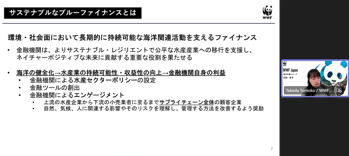 WWF海洋水産グループ武田によるサステナブルなブルーファイナンス関連の取組紹介