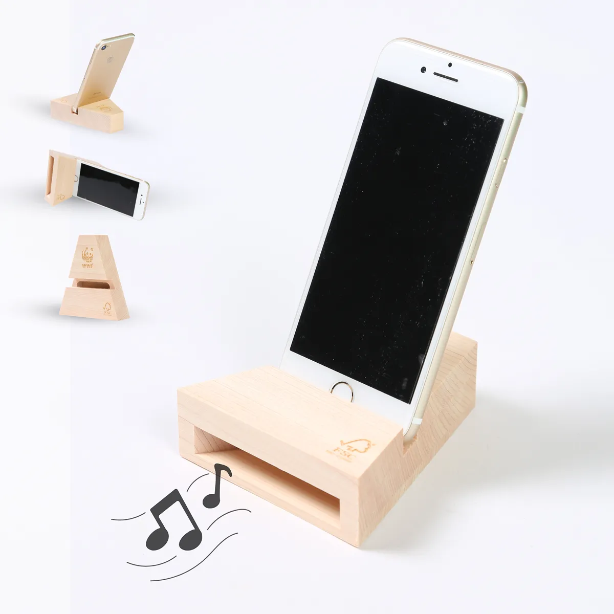 電池・電源のいらない木製スピーカー。しっかりとした音量と音の広がりを感じていただけます木製 スマホスタンドスピーカー ¥2,500(税込)