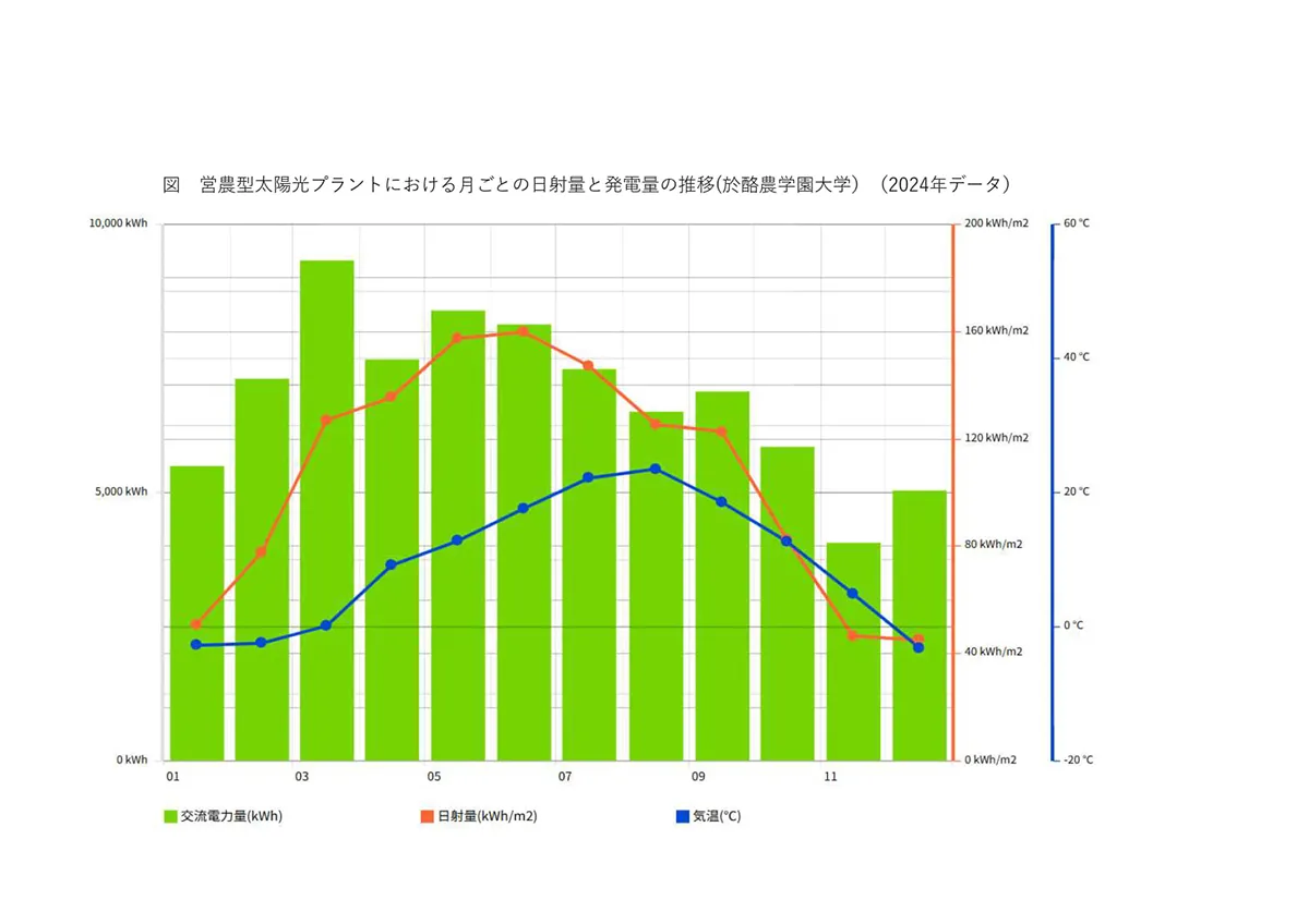図2:2024年の月ごとの発電量の推移通常は夏にピークとなるが、根雪も発電に寄与するため、3月など春先にも発電量が多くなっている提供:酪農学園大学 吉岡徹氏