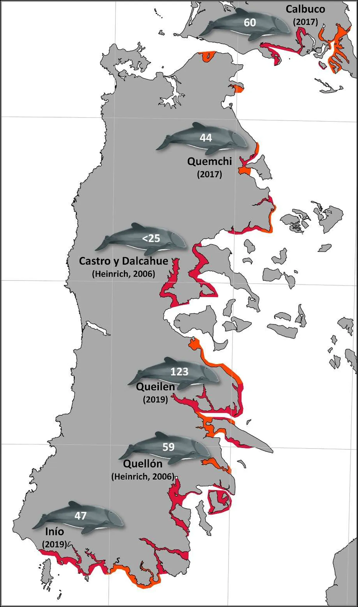 チロエ島とその周辺地域における地図と各重要地域でのチリイルカの推定個体数。赤色の部分が特に重要な生息域、橙色の部分が調査を通じて推定された重要な生息域。上から、カルブコ(Calbuco)、ケンチ(Quemchi)、カストロおよびダルアウェ(Castro y Dalcahue)、ケイレン(Queilen)、ケジョン(Quellón)、イニオ(Inío)。カストロおよびダルアウェとケジョンの推定個体数については、過去にヤクパチャが調査したもの。